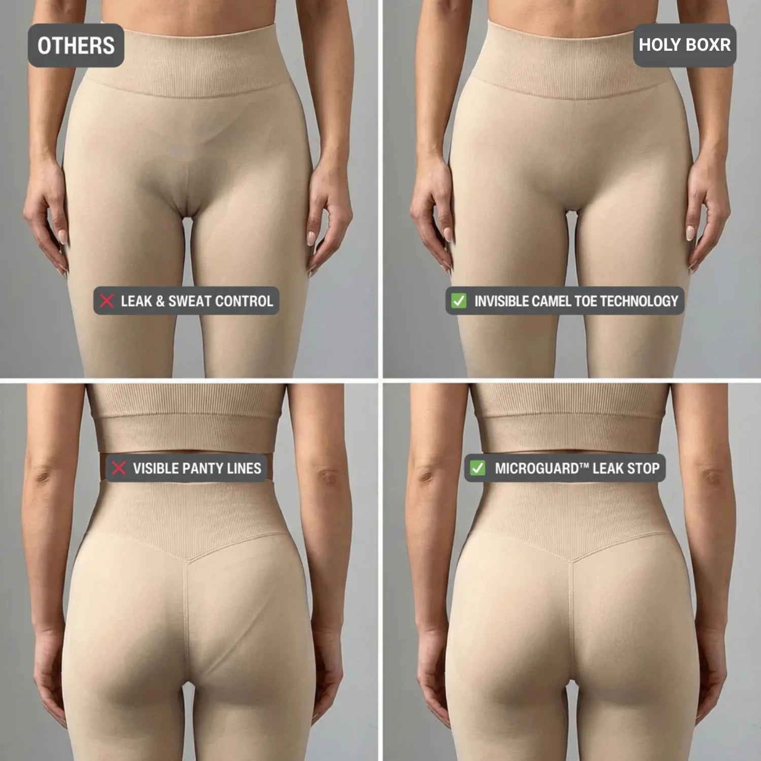Comparison of different features of beige thongs on a gray background