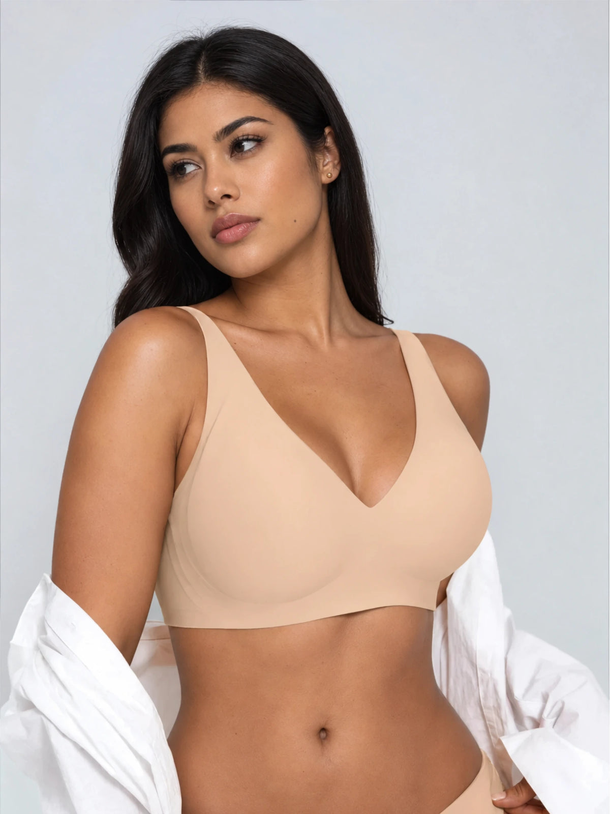 Holy Boxr JellyFit® non-wired bra in nude color, front view with seamless deep-V cups