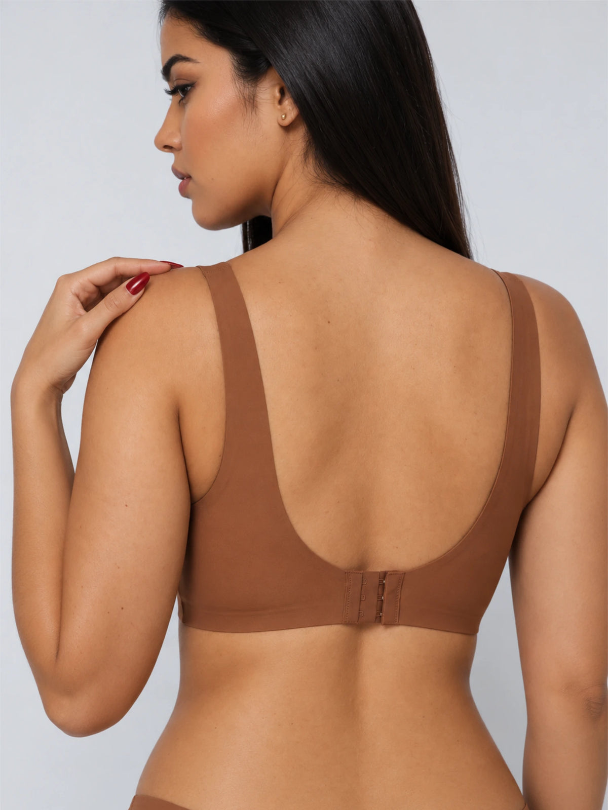 Holy Boxr JellyFit® bra in caramel, back view showing adjustable straps and hook-and-eye fastening